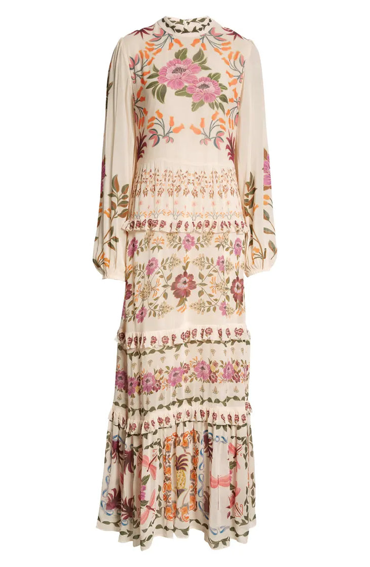 Winter Garden Ruffled Maxi Dress in cream with vibrant floral print and tiered ruffles — FARM Rio | Endless UAE
