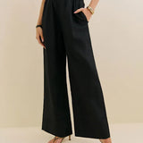 Black linen wide leg pants with elastic waistband and side pockets — Reformation | Endless UAE