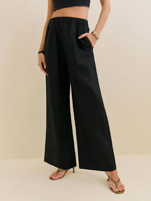 Black linen wide leg pants with elastic waistband and side pockets — Reformation | Endless UAE