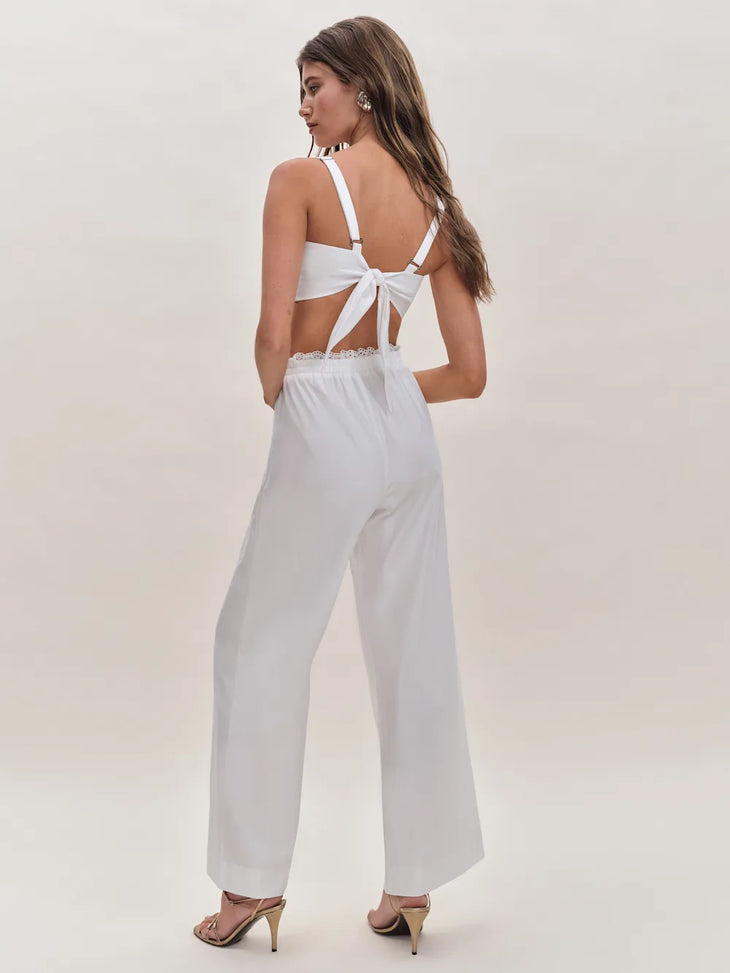 White two-piece set with tie-back crop top and wide-leg pants featuring lace trim detail — Reformation | Endless UAE