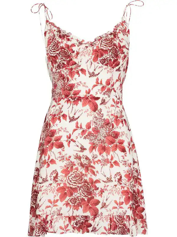 Esther red and white floral-print mini dress with adjustable tie straps and sweetheart neckline — Reformation | Endless UAE