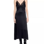 Black satin slip dress with delicate lace trim at V-neckline, featuring thin adjustable straps and midi length silhouette — Sandro | Endless UAE