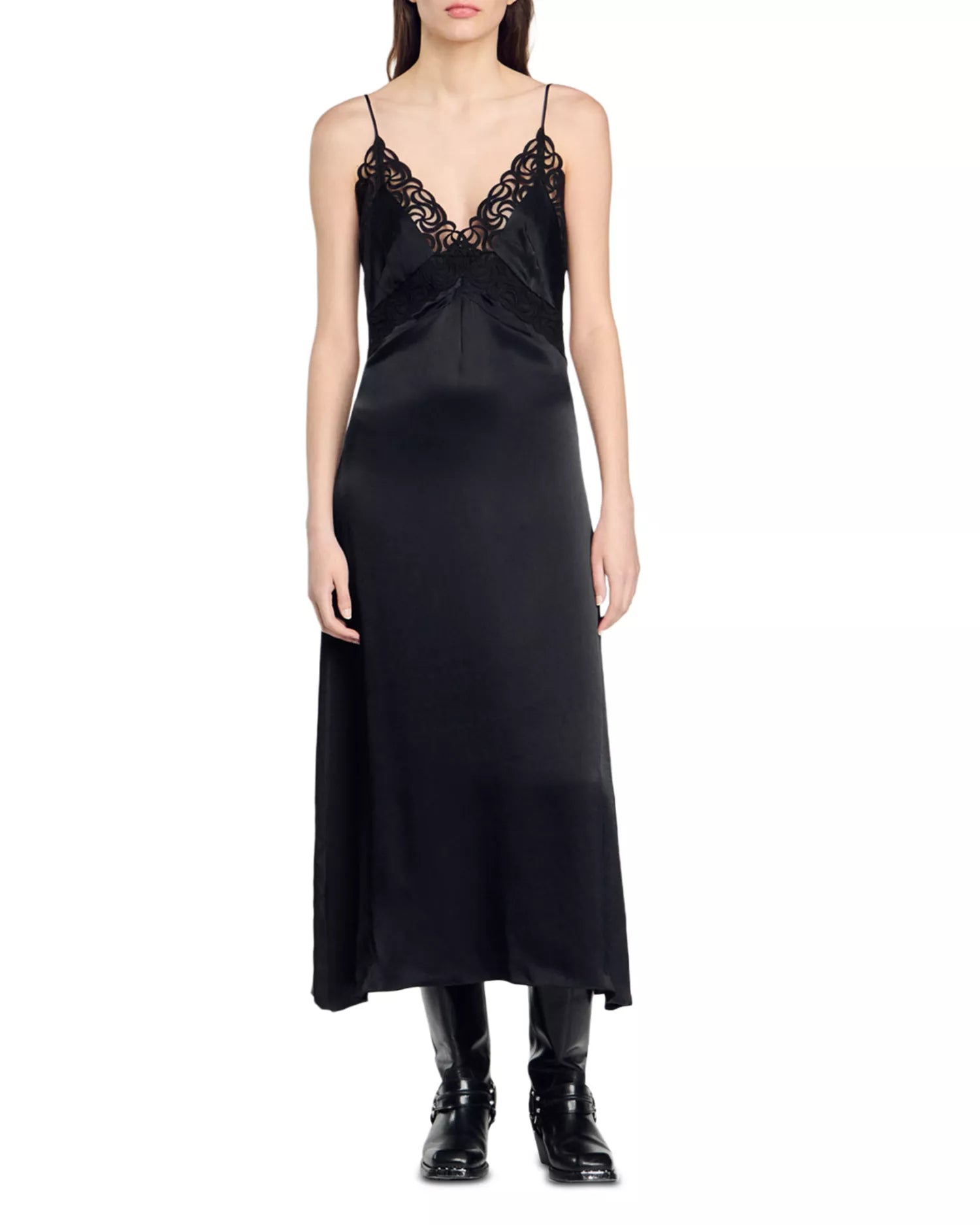 Black satin slip dress with delicate lace trim at V-neckline, featuring thin adjustable straps and midi length silhouette — Sandro | Endless UAE