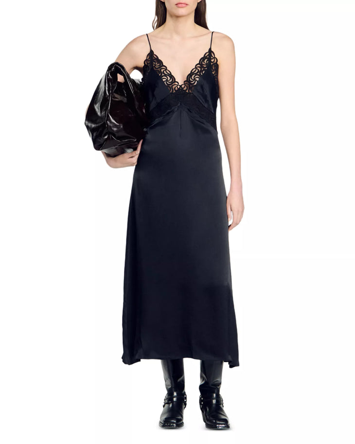 Black satin slip dress with delicate lace trim neckline, midi length, adjustable spaghetti straps — Sandro | Endless UAE