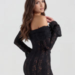 Black lace off-shoulder maxi dress with long sleeves and train — Almond Muse | Endless UAE