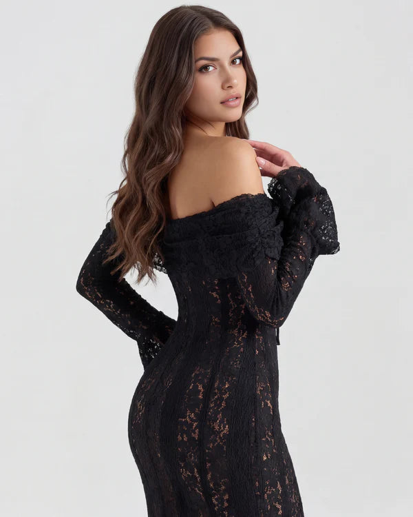 Black lace off-shoulder maxi dress with long sleeves and train — Almond Muse | Endless UAE