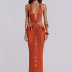 Woman wearing orange beaded crochet halter maxi dress with open back — Jaded London | Endless UAE