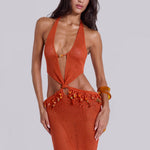 Woman wearing orange beaded crochet halter maxi dress with open back — Jaded London | Endless UAE