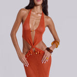Woman wearing orange beaded crochet halter maxi dress with open back — Jaded London | Endless UAE