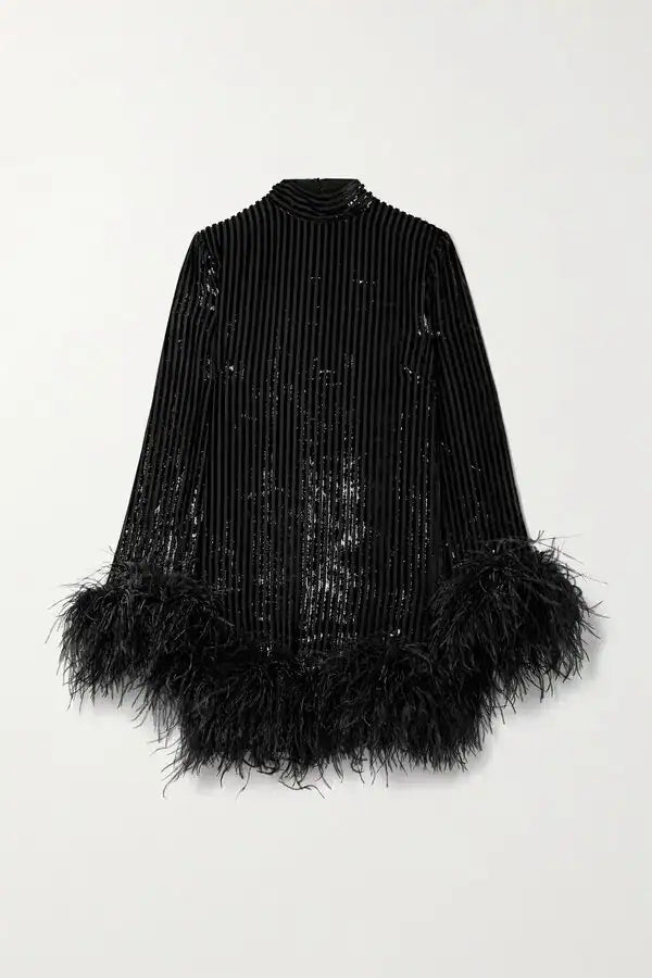 Black feather-trimmed devore dress with high neckline on model — Taller Marmo | Endless UAE