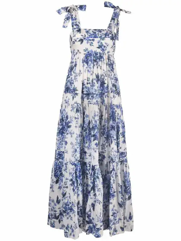 Blue and white floral print maxi dress with tie shoulder straps and tiered skirt — Zimmermann | Endless UAE