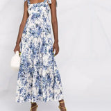 White and blue floral-print sleeveless maxi dress with tiered ruffled skirt and tie shoulder straps — Zimmermann | Endless UAE