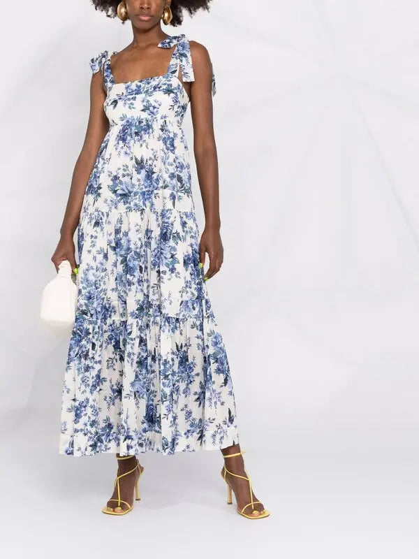 White and blue floral-print sleeveless maxi dress with tiered ruffled skirt and tie shoulder straps — Zimmermann | Endless UAE