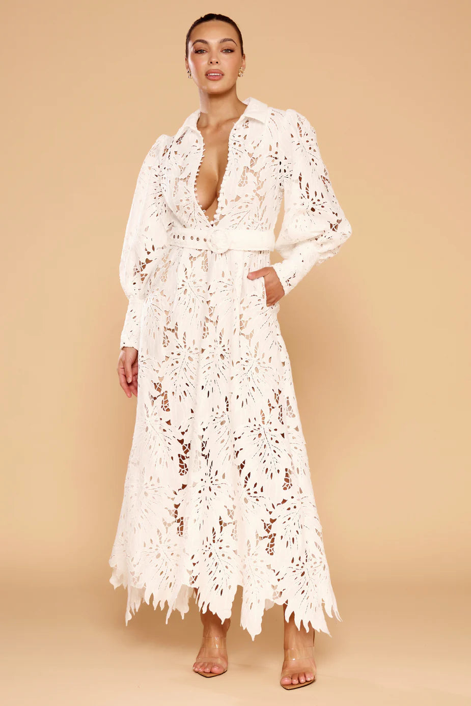 Ophelia Lace Maxi Dress in white with intricate cutout details and long sleeves — Derma Department | Endless UAE