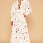 Ophelia Lace Maxi Dress in white with intricate cutout details and long sleeves — Derma Department | Endless UAE