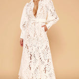 Ophelia Lace Maxi Dress in white with intricate cutout details and long sleeves — Derma Department | Endless UAE