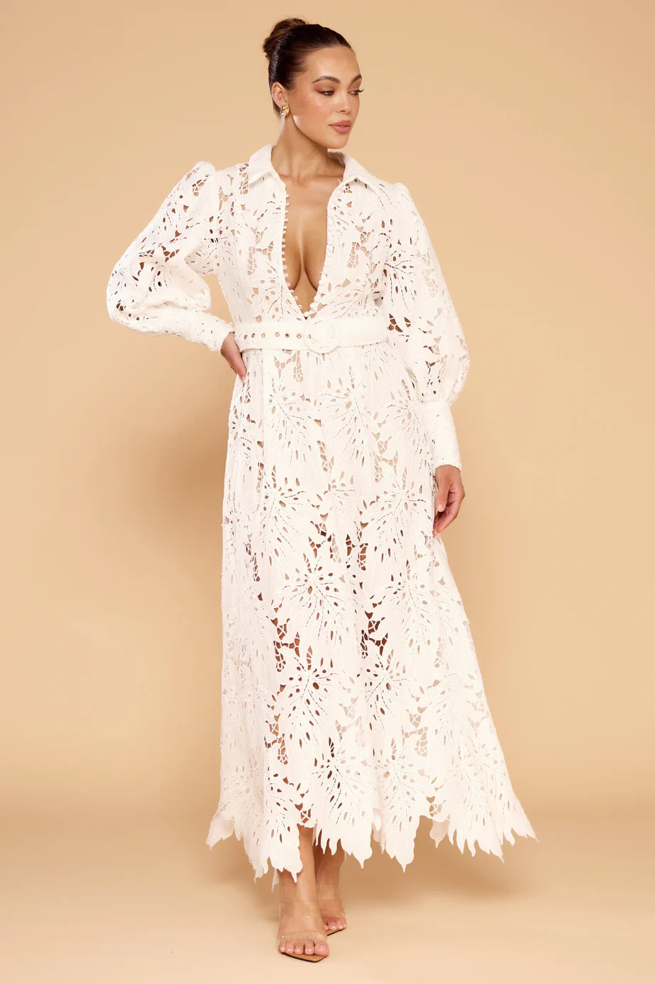 Ophelia Lace Maxi Dress in white with intricate cutout details and long sleeves — Derma Department | Endless UAE