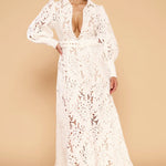 Ophelia Lace Maxi Dress in white with intricate cutout details and long sleeves — Derma Department | Endless UAE