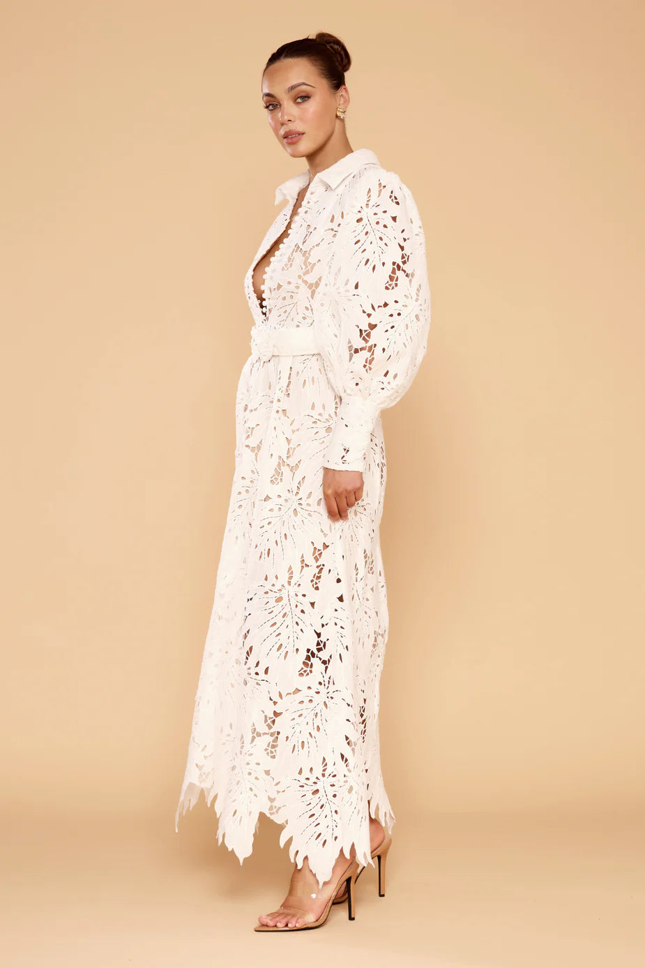 Ophelia Lace Maxi Dress in white with intricate cutout details and long sleeves — Derma Department | Endless UAE