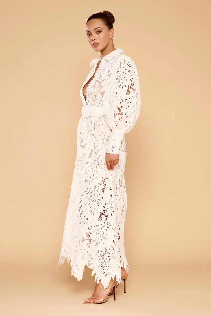 Ophelia Lace Maxi Dress in white with intricate cutout details and long sleeves — Derma Department | Endless UAE