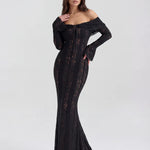 Black lace off-shoulder maxi dress with long sleeves and train — Almond Muse | Endless UAE