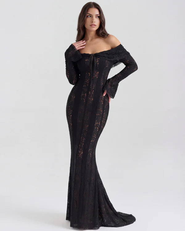 Black lace off-shoulder maxi dress with long sleeves and train — Almond Muse | Endless UAE