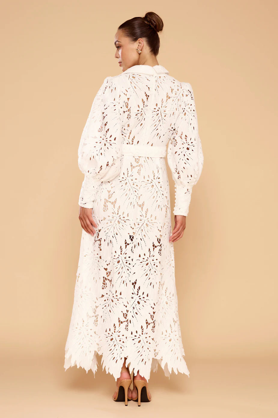 Ophelia Lace Maxi Dress in white with intricate cutout details and long sleeves — Derma Department | Endless UAE