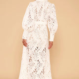 Ophelia Lace Maxi Dress in white with intricate cutout details and long sleeves — Derma Department | Endless UAE