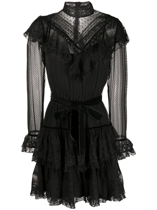 Black ruffled lace dress with long sleeves and waist tie — Zimmerman | Endless UAE