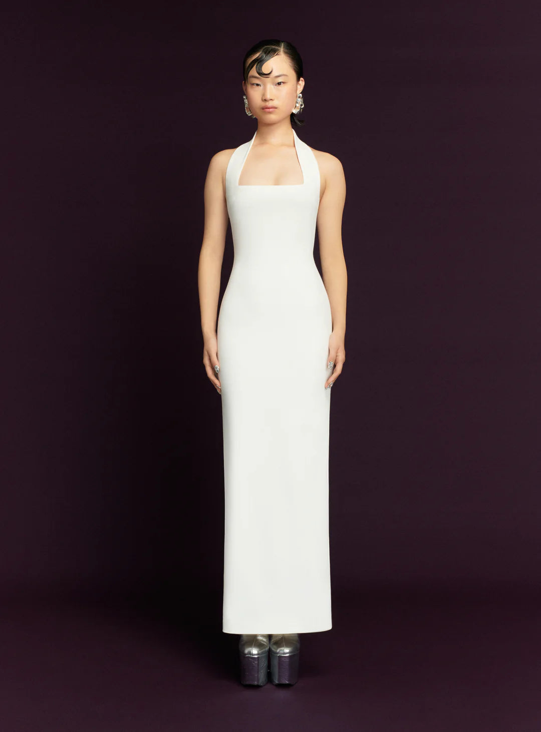 Elegant white halter neck maxi dress with square neckline and fitted silhouette — Solace London | Endless UAE