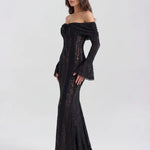 Black lace off-shoulder maxi dress with long sleeves and train — Almond Muse | Endless UAE