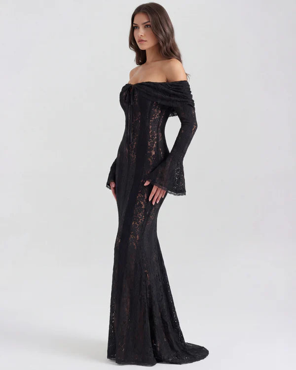 Black lace off-shoulder maxi dress with long sleeves and train — Almond Muse | Endless UAE