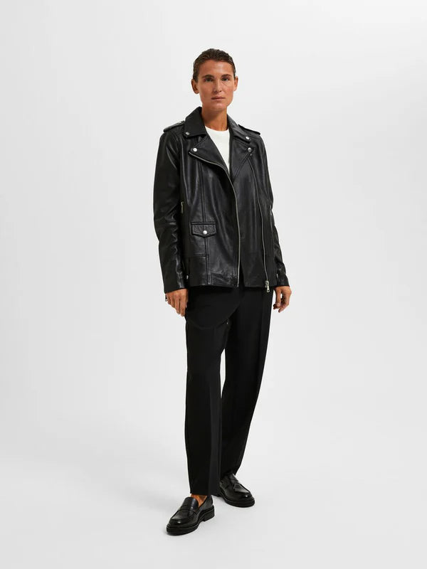 Woman wearing black leather Madison motorcycle jacket with white tee and black pants — Selected Femme | Endless UAE