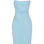Baby blue draped corset midi dress with thin straps and ruched bodice detailing on white background — House of CB | Endless UAE