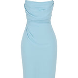 Baby blue draped corset midi dress with thin straps and ruched bodice detailing on white background — House of CB | Endless UAE