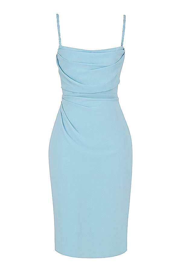 Baby blue draped corset midi dress with thin straps and ruched bodice detailing on white background — House of CB | Endless UAE