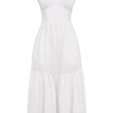 White broderie anglaise midi sundress with sweetheart neckline and tiered skirt — House of CB | Endless UAE