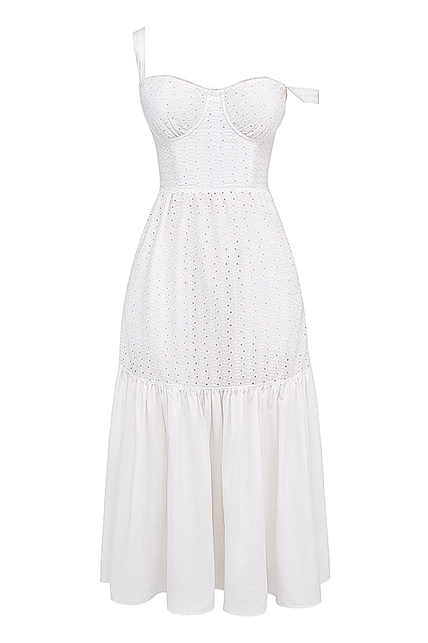 White broderie anglaise midi sundress with sweetheart neckline and tiered skirt — House of CB | Endless UAE