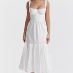 White broderie anglaise midi sundress with sweetheart neckline and tiered skirt — House of CB | Endless UAE