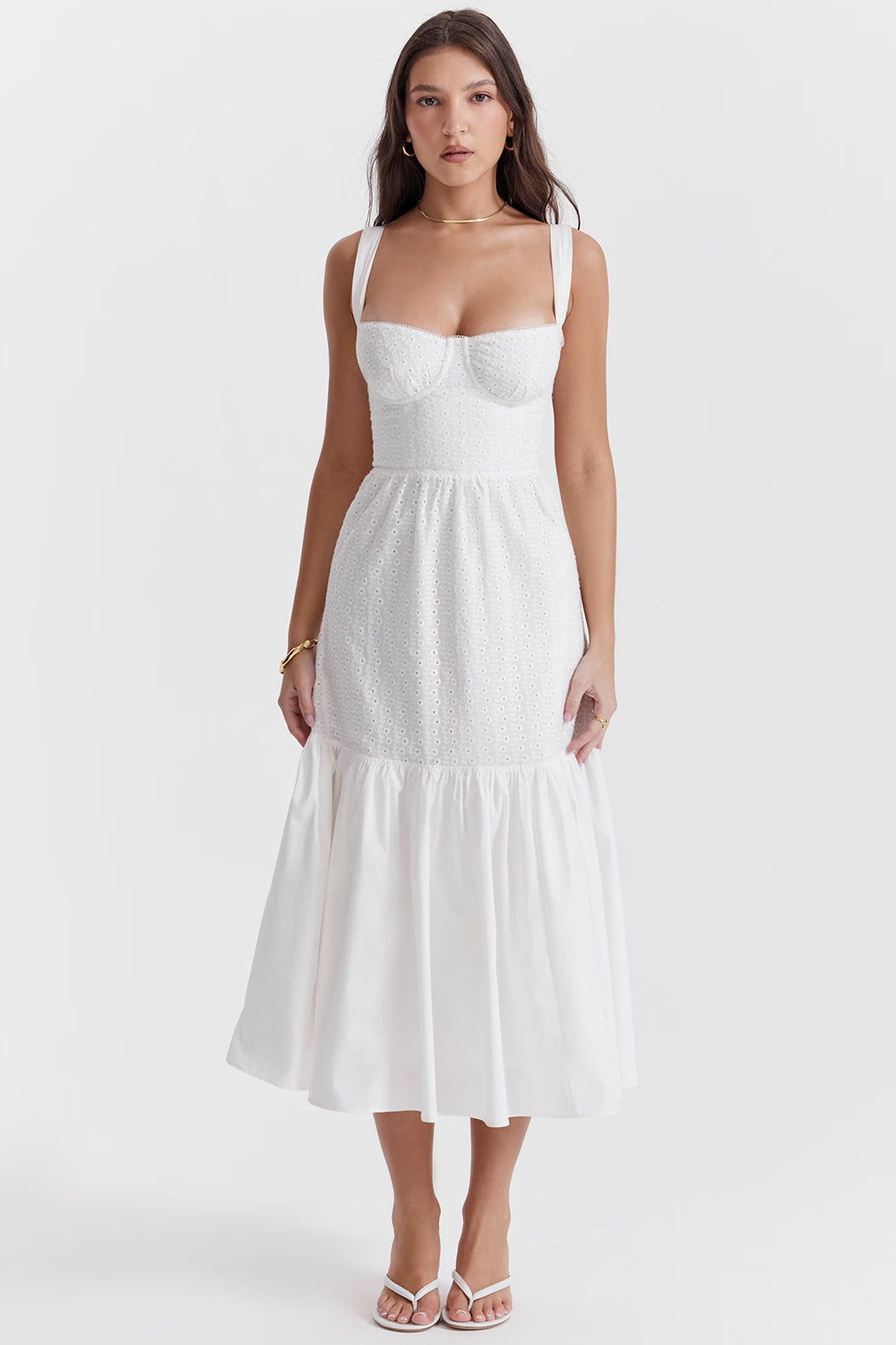 White broderie anglaise midi sundress with sweetheart neckline and tiered skirt — House of CB | Endless UAE