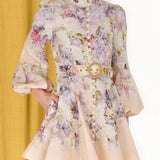Floral print mini dress with mandarin collar, button front, bell sleeves and matching belt — ZIMMERMANN | Endless UAE