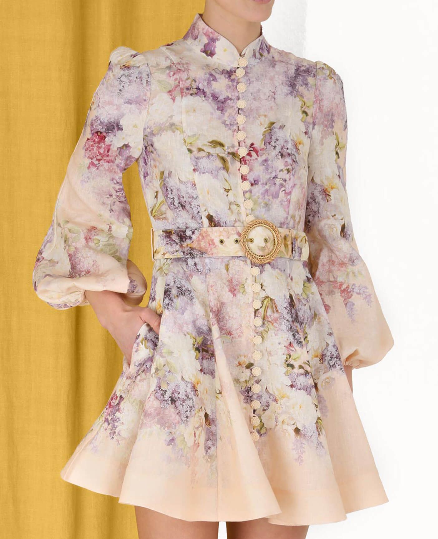 Floral print mini dress with mandarin collar, button front, bell sleeves and matching belt — ZIMMERMANN | Endless UAE