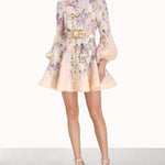 Floral print mini dress with puff sleeves, high neck, and flared skirt with golden belt detail — ZIMMERMANN | Endless UAE