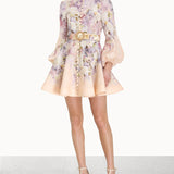 Floral print mini dress with puff sleeves, high neck, and flared skirt with golden belt detail — ZIMMERMANN | Endless UAE