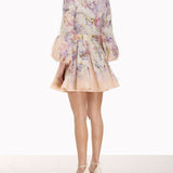 Floral printed mini dress with high neck, balloon sleeves, and flared skirt in soft peach tones — ZIMMERMANN | Endless UAE