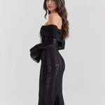 Black lace off-shoulder maxi dress with long sleeves and train — Almond Muse | Endless UAE