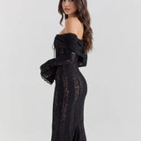 Black lace off-shoulder maxi dress with long sleeves and train — Almond Muse | Endless UAE