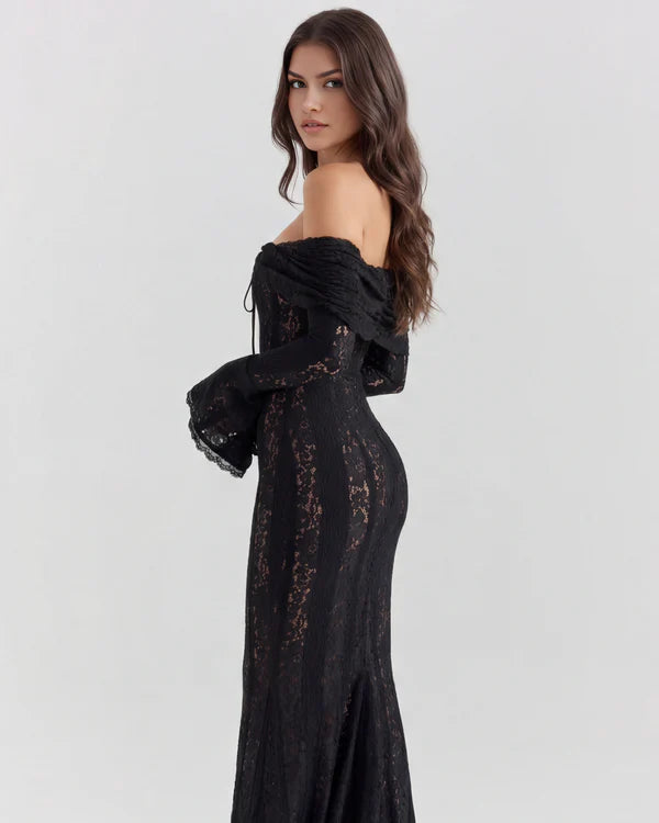 Black lace off-shoulder maxi dress with long sleeves and train — Almond Muse | Endless UAE