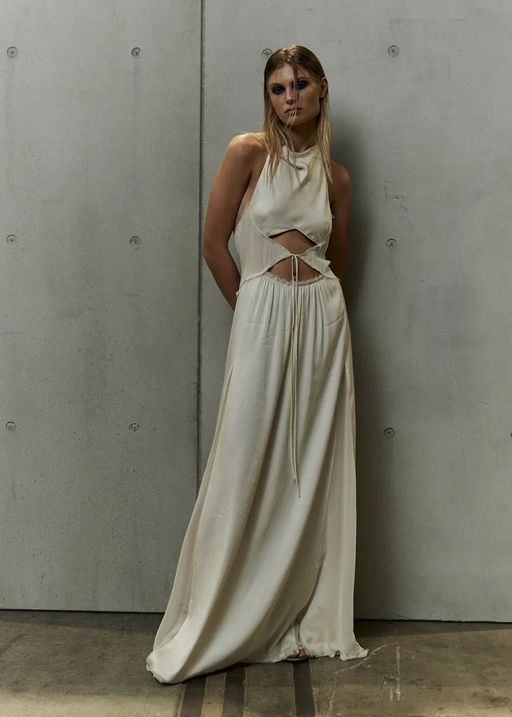 Cream halter neck maxi dress with cutout waist detail and gathered skirt — Bec & Bridge | Endless UAE