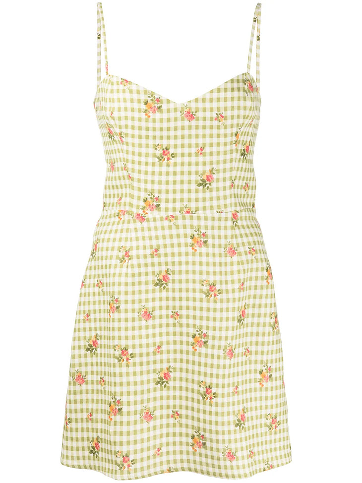 Green and white gingham mini dress with pink floral print, featuring adjustable straps and a sweetheart neckline — Reformation | Endless UAE